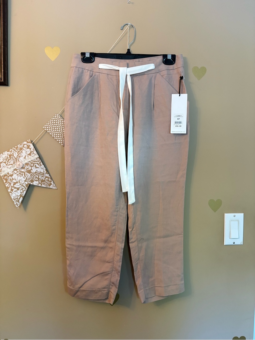 Black Tape Cropped Drawstring Linen-Blend Pants in Pinky-Taupe - Picture 2 of 12